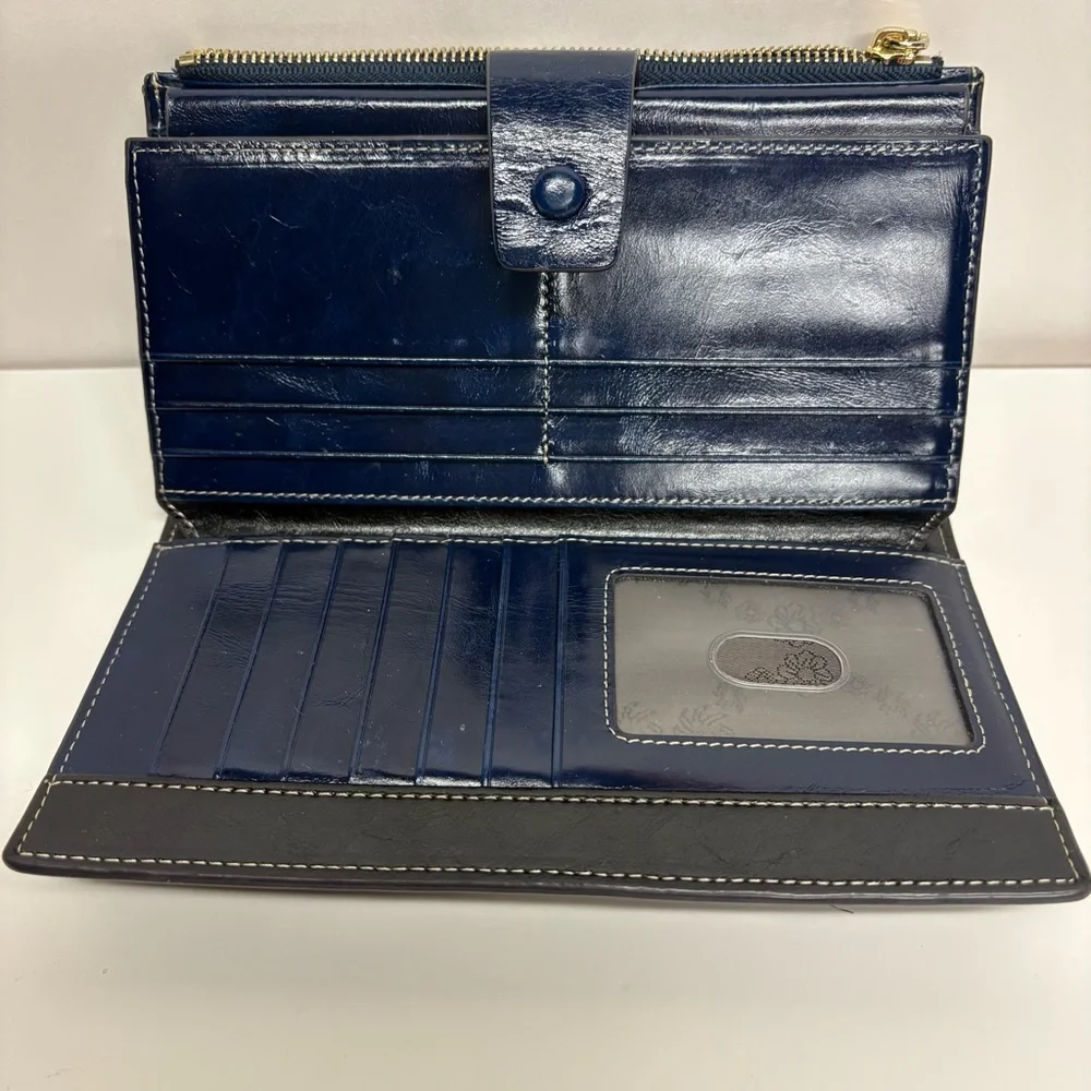 Navy Leather Wallet with Gold Zipper Clutch cardholder - Picture 3 of 10